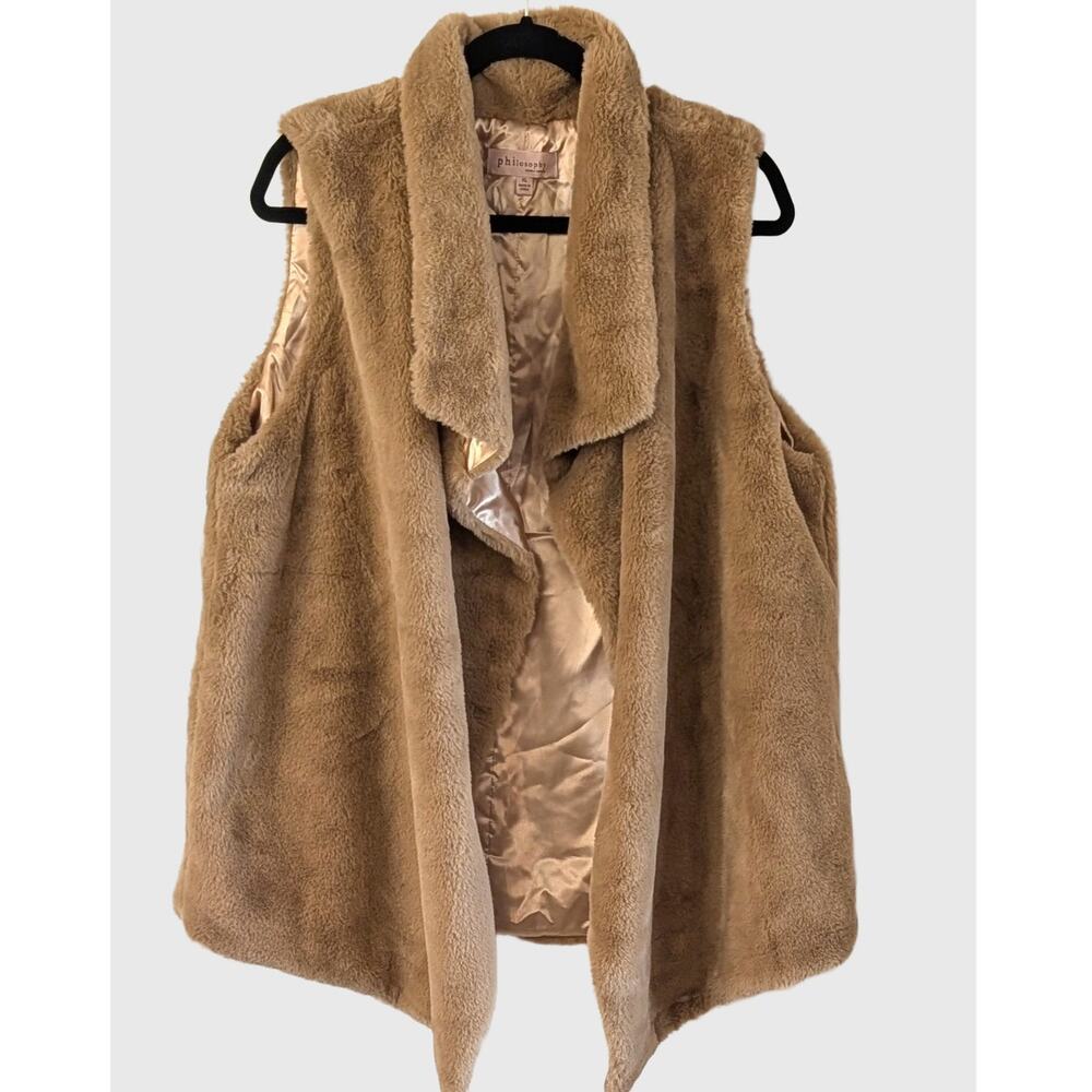 Philosophy Faux Fur Teddy Vest Women's XL Camel Tan Open Front Satin Lined